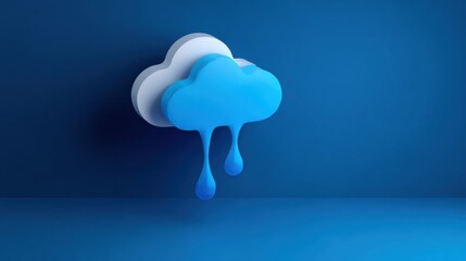 Melting cloud icon dripping like rain, blue liquid drops create surreal weather metaphor, glossy minimalist 3D shape on solid background evoking digital data loss and transformation