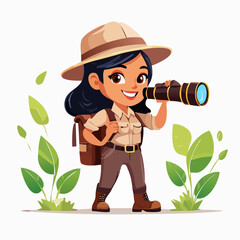 Cartoon explorer observing nature with binoculars isolated on white