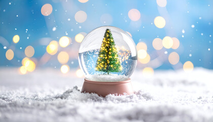 Festive winter holiday scene with bright Christmas tree in snow globe under sparkling lights.