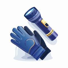 Cartoon illustration of a flashlight and pair of gloves on white background