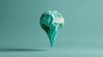 Crumpled inflatable globe balloon slowly deflating over teal background conveying environmental concern and fragile planet mood