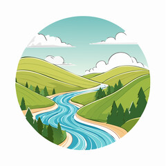 Cartoon illustration of a landscape with a winding river and green hills