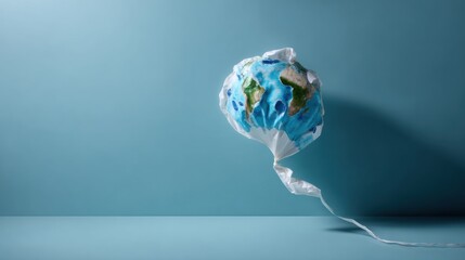 Deflated earth balloon floating against blue background with torn plastic and ocean land texture, conveying environmental fragility and slow collapse