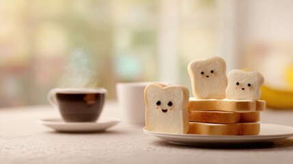 Smiling toast breakfast coffee cup plate stack of bread cozy kitchen steam