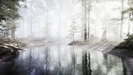 Fototapeta premium Soft sunlight filters through trees in a still forest. A quiet river reflects the mist and light, creating a peaceful atmosphere perfect for reflection and nature appreciation.