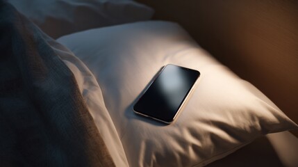 Smartphone pillow nightstand glowing screen modern device on pillow at night with soft bedding and warm light creating calm mood