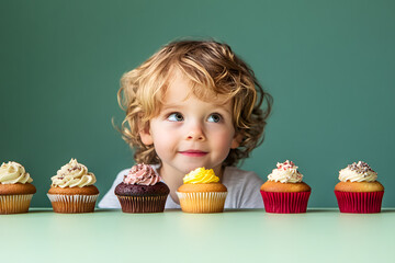 young child enchanted by colorful cupcakes at a local bakery green background