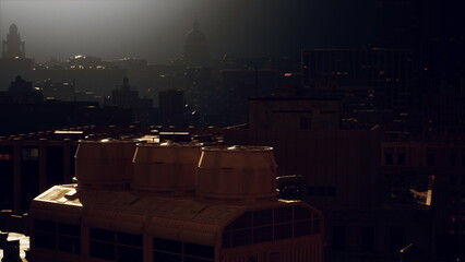 As the sun sets, golden light spills over rooftops, casting long shadows. Historical buildings and modern architecture create a striking skyline against the darkening sky.