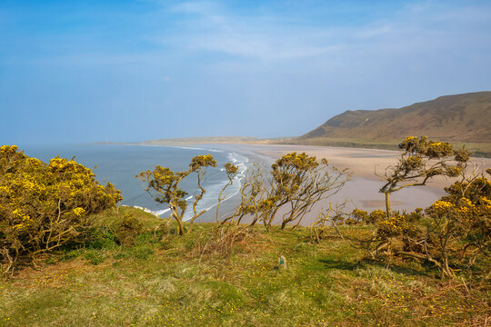 Looking down on Rhossili bay Beach on The Gower Peninsula, Wales
