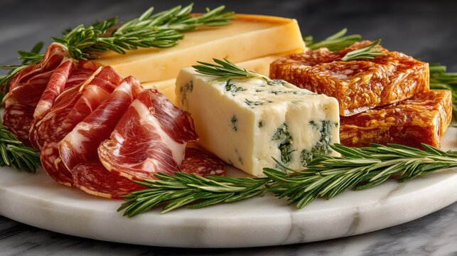 A selection of assorted cheeses and cured meats arranged on a marble platter, featuring slices of hard cheese, blue cheese, and cured meats, complemented by sprigs of fresh rosemary.