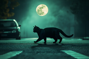 black cat crossing an empty street under a full moon - green background