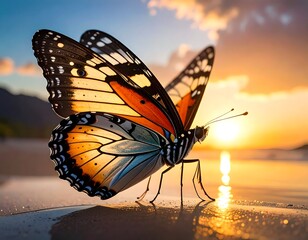 Obraz premium Butterfly at sunset over water
