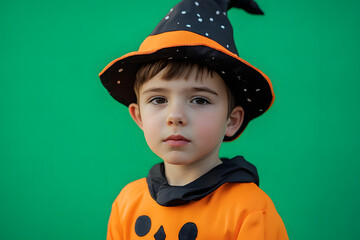 Child Dressed as Pumpkin Wizard With Hat on Green Background
