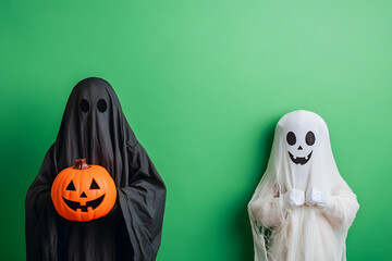 Two People in Ghost Costumes With Pumpkin on Green Background