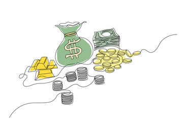 Minimal continuous one line drawing of money bag, gold bars, coins, and cash, symbolizing wealth, investment, and financial success in a clean modern style, Vector Editable stroke.