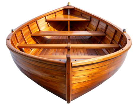 Small Wooden Rowboat, Front Angle, Isolated on Transparent Background