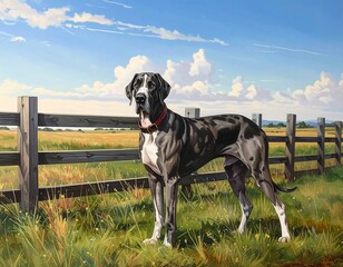 Great Dane in a Field by a Wooden Fence.