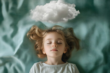 Peaceful child sleeping soundly with a whimsical dream cloud floating above head green background