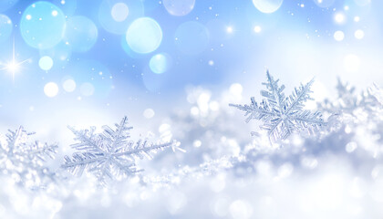 Naklejka premium Elegant snowflakes resting on snow with glowing light particles, capturing the calm and beauty of a cold winter day.