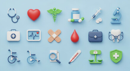 Collection of 3d medical icons on blue background, representing healthcare, medicine, and wellbeing in a modern and minimalist style