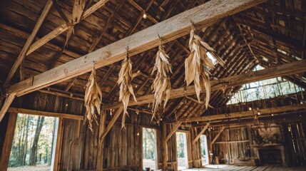 Dried corn stalks hang from the wooden beams of an old rustic barn.