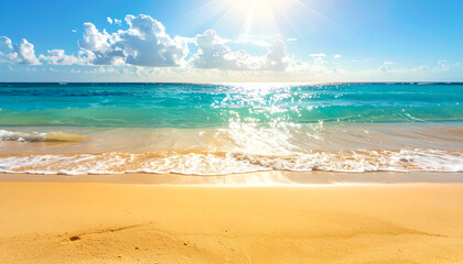 Beautiful sandy beach with sparkling sea water and bright sunlight, symbolizing relaxation and paradise.