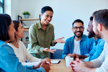 Diverse group of young adults sitting around table listening to smiling multiethnic woman standing and gesturing during team meeting in modern office setting
