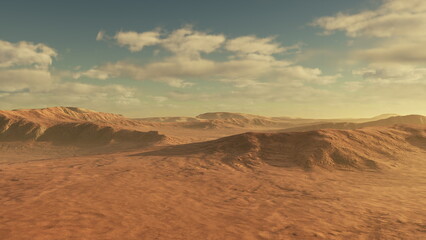Expansive desert terrain glows under the soft light of sunset, with gentle hills rising against a backdrop of dramatic clouds. A serene atmosphere fills the vast, arid landscape.