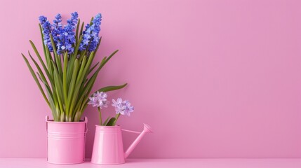 Colorful potted flowers in pink watering can on vibrant pink background for spring and gardening themes