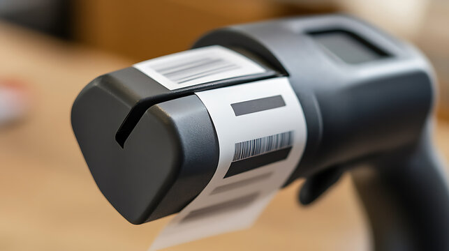 Handheld Barcode Reader: Scanning data efficiently with a close-up on its operational functionality for retail, logistics, and inventory tracking. - Powered by Adobe