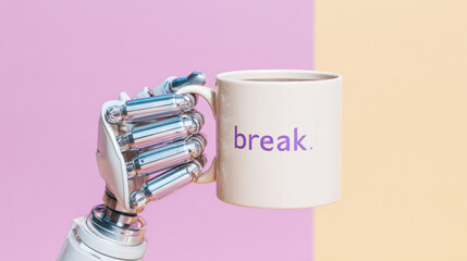 Robotic hand holding coffee mug with break text and pastel background, chrome robot hand holding ceramic cup, beverage, break concept, pastel purple and peach backdrop, single subject
