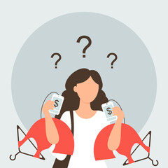 Woman comparing dress prices while shopping for affordable and budget friendly fashion. Consumer choosing outfit while bargain hunting in clothing store as mindful shopper isolated on white background