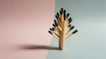 Burned matchstick arranged like small tree on split pastel background conveying fragile transformation and contrast