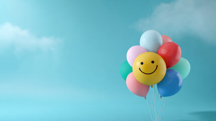 Smiling yellow balloon with colorful pastel balloons tied together against soft blue sky creating cheerful minimal scene with light clouds and playful mood