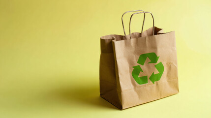 Brown paper bag with green recycling symbol on yellow background conveying eco friendly shopping and sustainable lifestyle