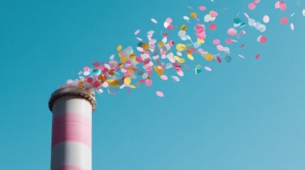 Factory chimney releasing colorful confetti into clear sky, playful celebration scene with pastel paper pieces drifting and bright sunlight creating joyful atmosphere