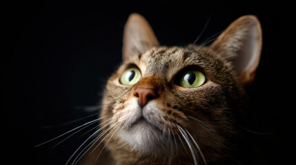 Curious tabby cat close up with bright green eyes and soft whisker detail, dramatic low key lighting adds whimsical attentive expression