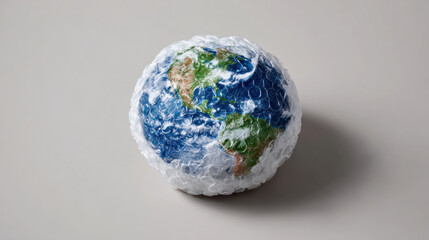 Planet Earth wrapped in protective bubble wrap symbolizing fragility and environmental care, isolated on neutral background conveying concern and hope