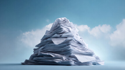 Pile of paper mountain piled documents evoke overwhelm and chaos in office scene with soft sky background emotional tension