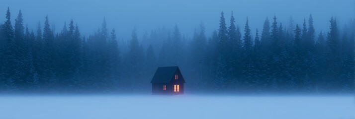 Fototapeta premium Cozy Cabin in Snowy Winter Forest at Night
