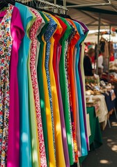 Colorful Dresses on Display at a Vibrant Outdoor Market.