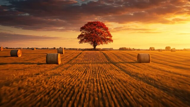 Lonely trees and haystacks under the sunset in the fields