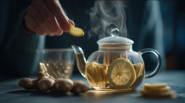 Warm ginger and lemon tea being prepared in a glass teapot on a wooden table - Powered by Adobe