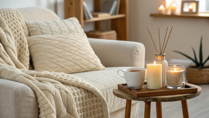 Cozy home interior with candles, aroma diffuser and knitted blanket
