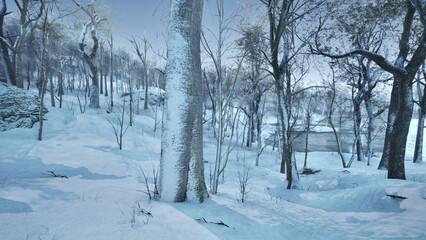 A tranquil winter scene showcases tall trees blanketed in snow. The serene forest is peaceful, with soft light filtering through the branches, creating an enchanting atmosphere.