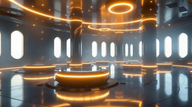 Futuristic Space Station Interior with Glowing Lights and Advanced Technology.
