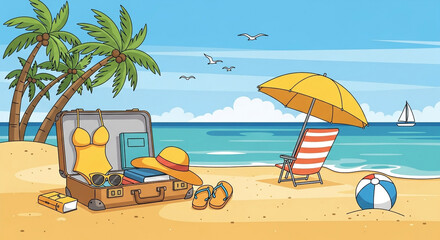 Open suitcase with summer clothes, beach accessories, and palm trees on a tropical beach with blue sky isolated on white background