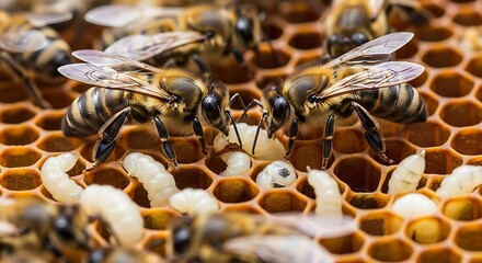 Bees tending to larvae in honeycomb cells, a close-up view.