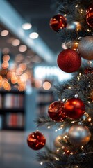 Fototapeta premium Christmas Tree with Red Ornaments on blurred modern library background 