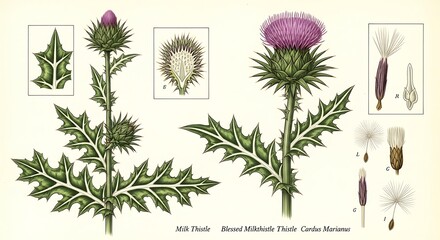 Vintage Botanical Illustration of Milk Thistle Plant with Details.